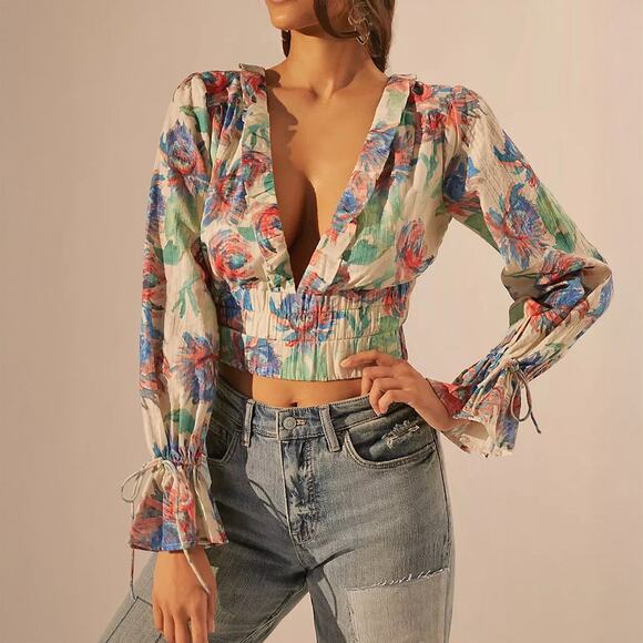NWT NEW Anthropologie Abstract Floral Deep V Blouse Size M - Picture 1 of 7